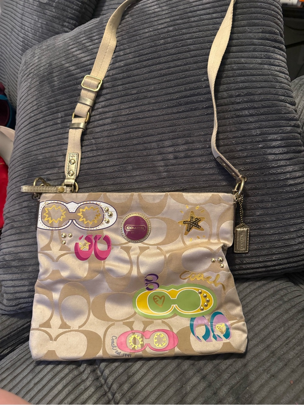Coach Beige Signature Canvas Crossbody with Colorful Graphic Accents